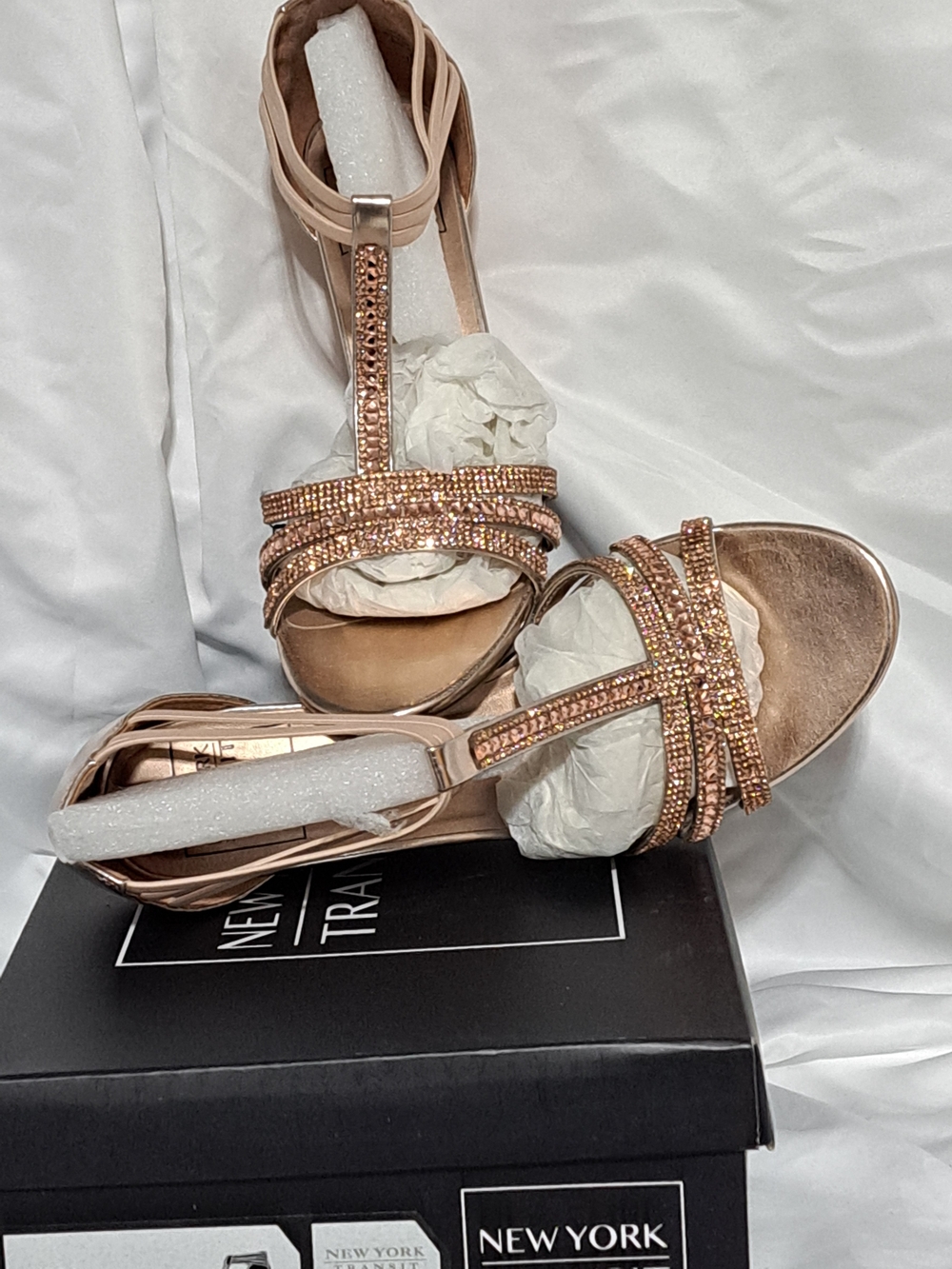 Sz 7.5 M New York Transit Metallic Rose Gold T-Strap Wedge Heels